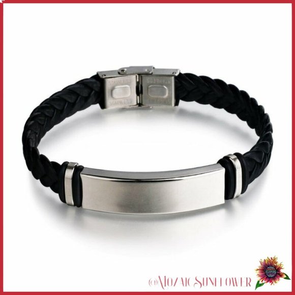 Stainless Steel Hypoallergenic Braided Black Leather Adjustable Bracelet (NWT) - Picture 1 of 8
